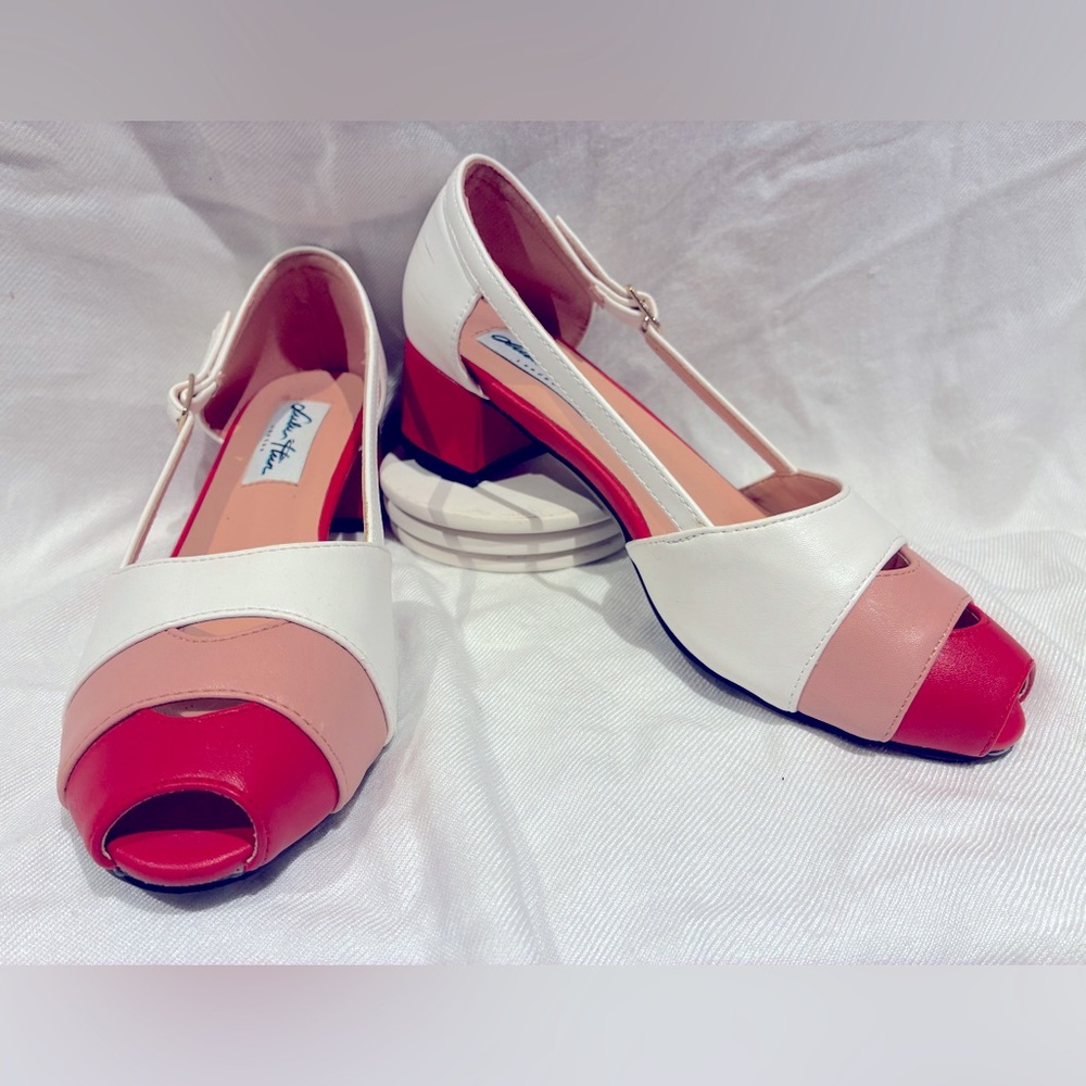 Lulu Hun Red, White, Pink Peep Toe Block Heels, Vintage Style, US sz 5/UK sz 3